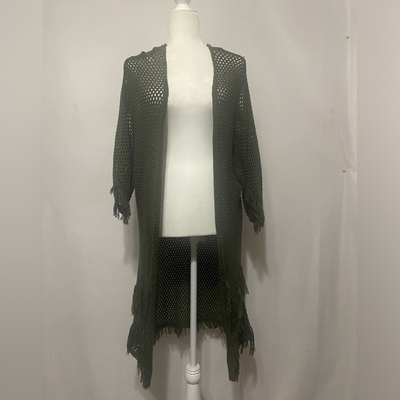 Miami LIKE NEW open knit long line open front olive army green duster cardigan S - Picture 1 of 6